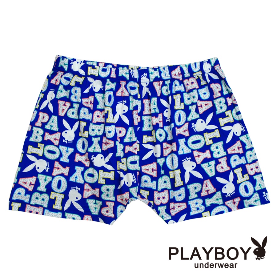 【PLAYBOY】男內褲 繽紛印花針織四角褲(單件-寶藍)-P111