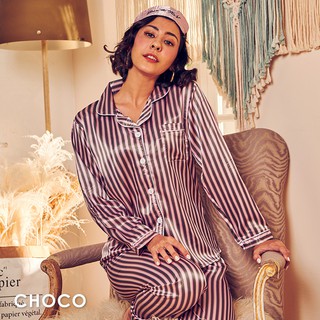 Choco Shop-幸福溫暖 華麗高質感緞面兩件式睡衣(粉條紋) M-XL