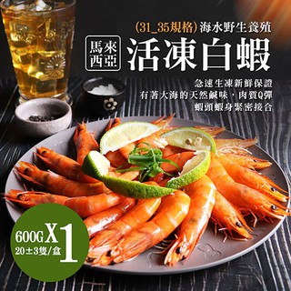 【築地一番鮮】特大馬來海水養殖活凍31/35生白蝦1盒(600G/20±3尾)-任選