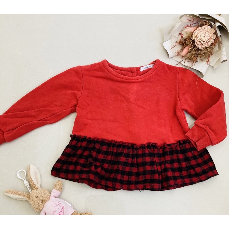 二手 韓國製造 可愛紅色 韓系拼接 氣質格紋裙擺 排扣 秋冬 長袖長版 上衣 小洋裝 童裝新年 過年必備 免運特價 7號