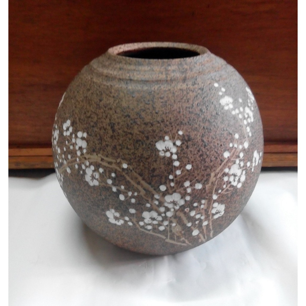 石陶寒梅圖球瓶 圓球型插花瓶 乾燥花花瓶 室內戶外擺飾營造氣氛~