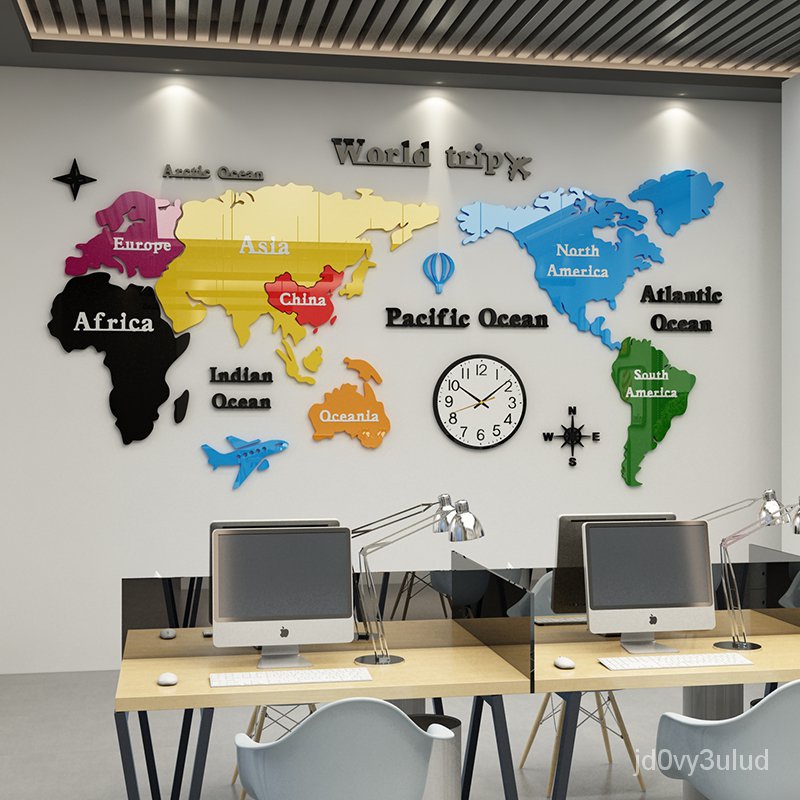 【台灣熱銷】世界地圖3d立體墻貼紙亞克力辦公室墻面裝飾公司文化會議團隊背景 3D壓克力立體墻貼 立體壁貼 卡通壁貼 壁貼