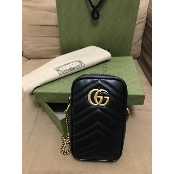 Gucci GG Marmont 黑金鏈帶手機包九成新