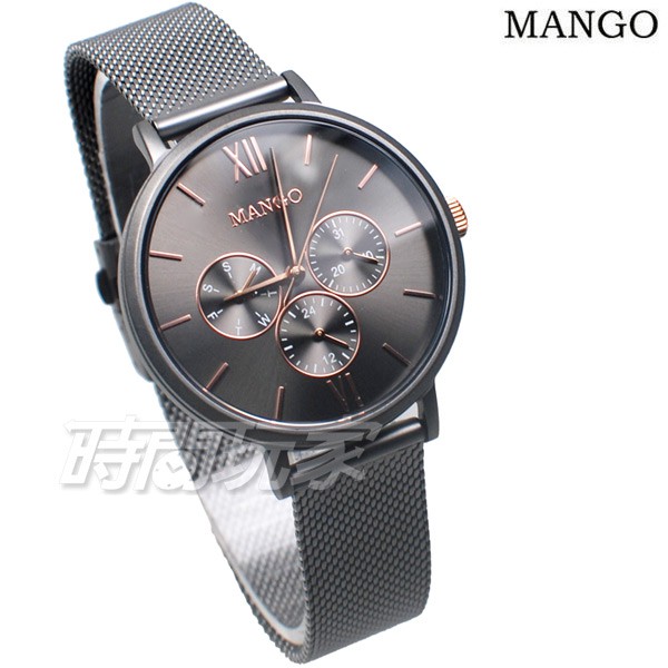 (活動價) MANGO 簡約時尚 MA6766L-GY 三眼多功能 女錶 防水 米蘭帶 藍寶石水晶 灰黑色