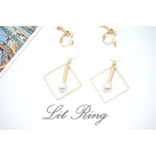 【Lit Ring】鏤空菱形珍珠長耳環。金色 白色貝殼紋 圓形 金管 珍珠 吊飾 垂墜 耳鈎 耳鉤 耳夾 夾式耳環 飾品