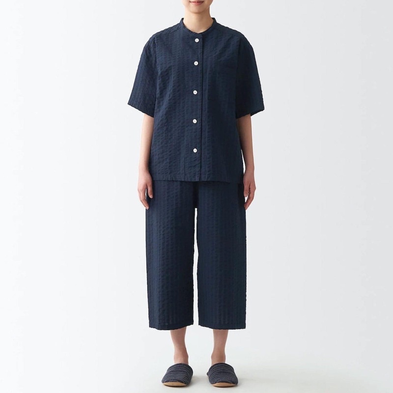 MUJI｜女有機棉無側縫泡泡紗短袖家居睡衣 深藍紋樣 size L