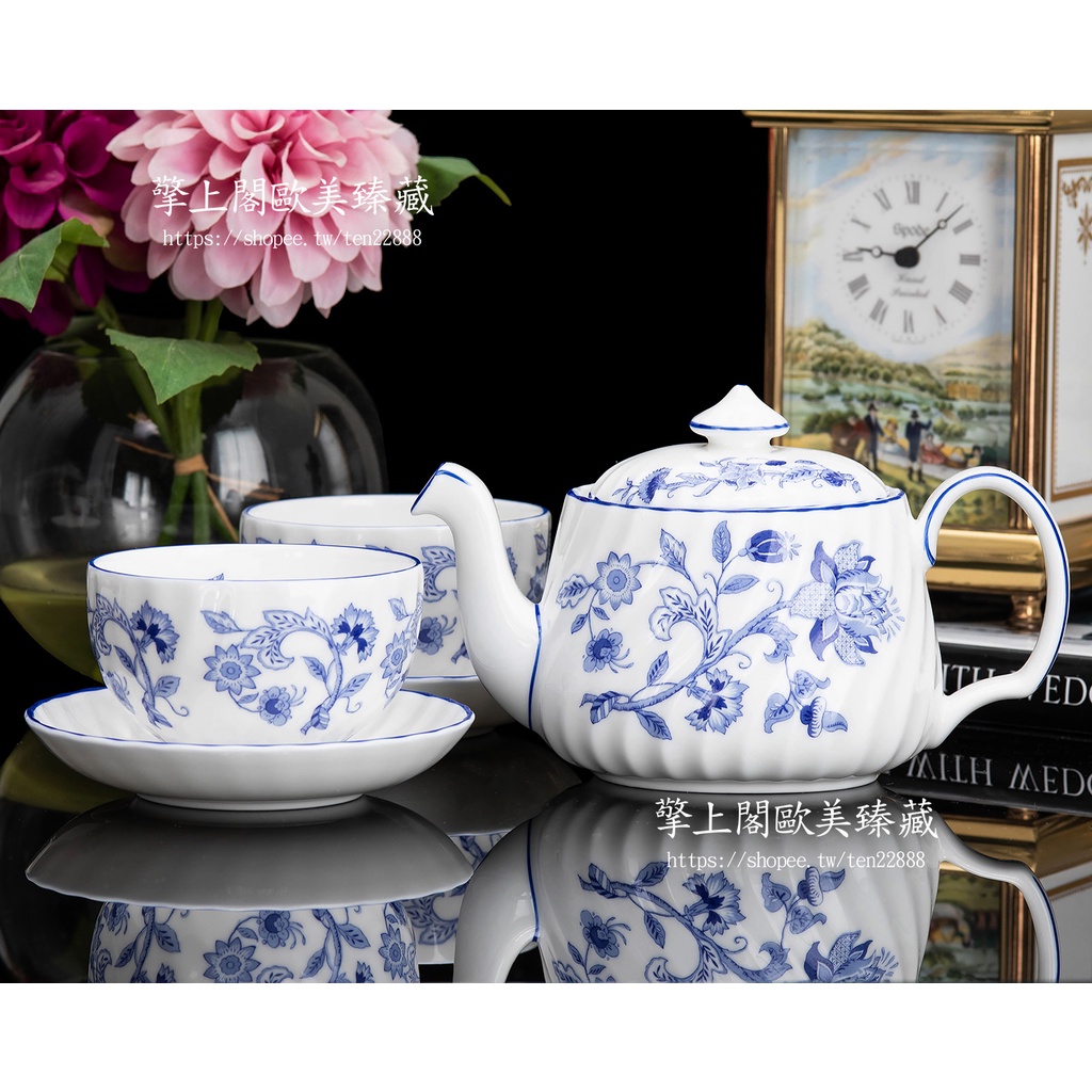 【擎上閣】英國製Minton明頓1997年青花骨瓷中式日式茶杯茶壺2人套組 情侶對杯送禮逸品