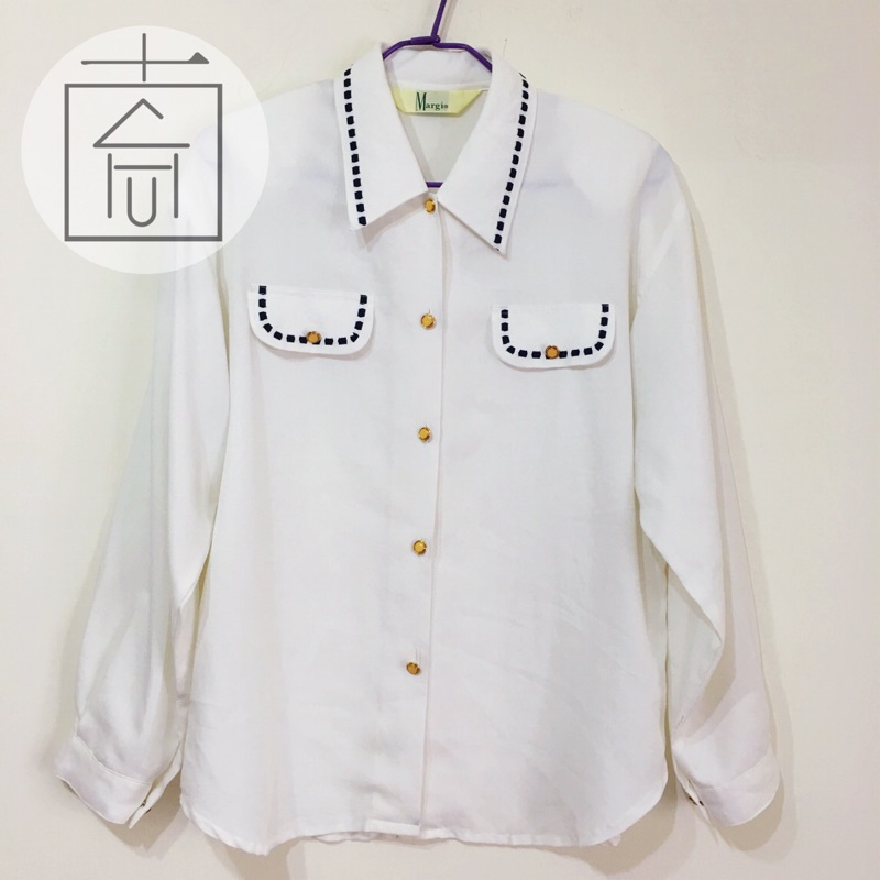 「古厝GU CHU 」🔹🔷白色深藍格子緞帶🔹🔷古著二手長袖襯衫