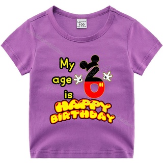 迪士尼兒童生日衣服紫色 米奇女孩T卹 夏季透氣 1-9 數字印花 卡通寶寶短袖上衣 可愛禮物