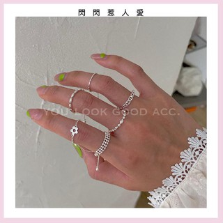 多款超美抽拉軟鏈條可調整銀色戒指女 韓版春夏新款IG同款疊戴豬鼻閃鑽米珠食指戒指環女生銀戒