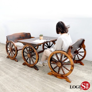 LOGIS｜靠背碳化木車輪休閒桌椅 一桌二椅 戶外用抗曬耐雨 防腐木 觀景陽臺 庭院室外桌椅 復古景觀花園 CC20