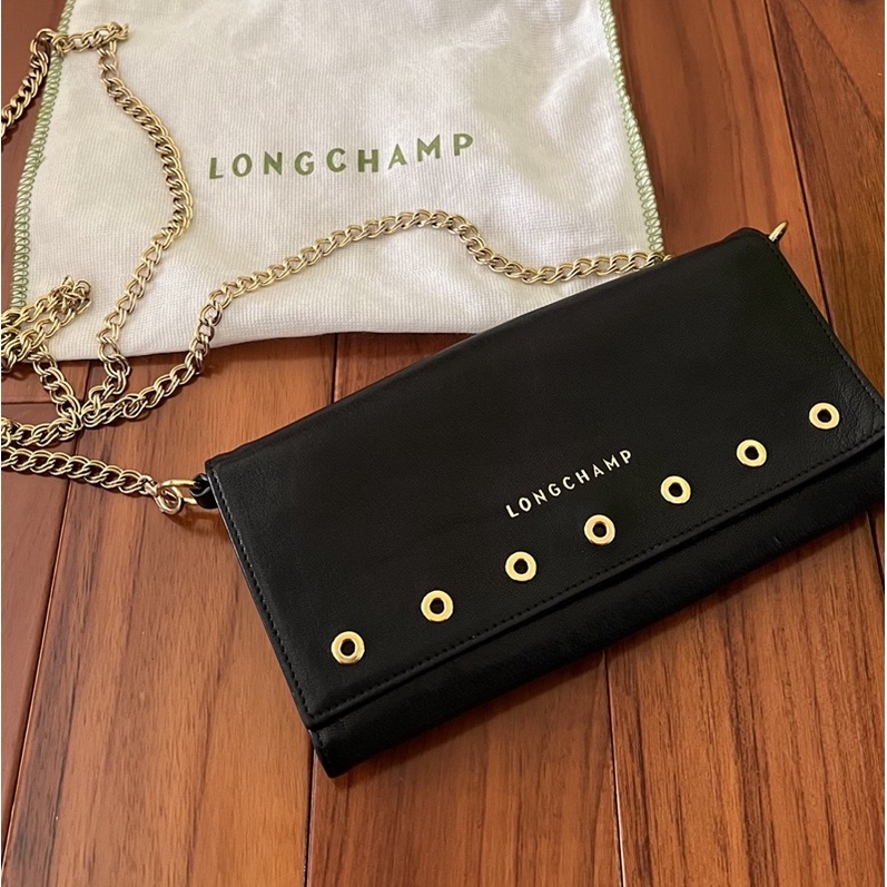 《LONGCHAMP 》經典黑色皮革WOC 鍊帶包