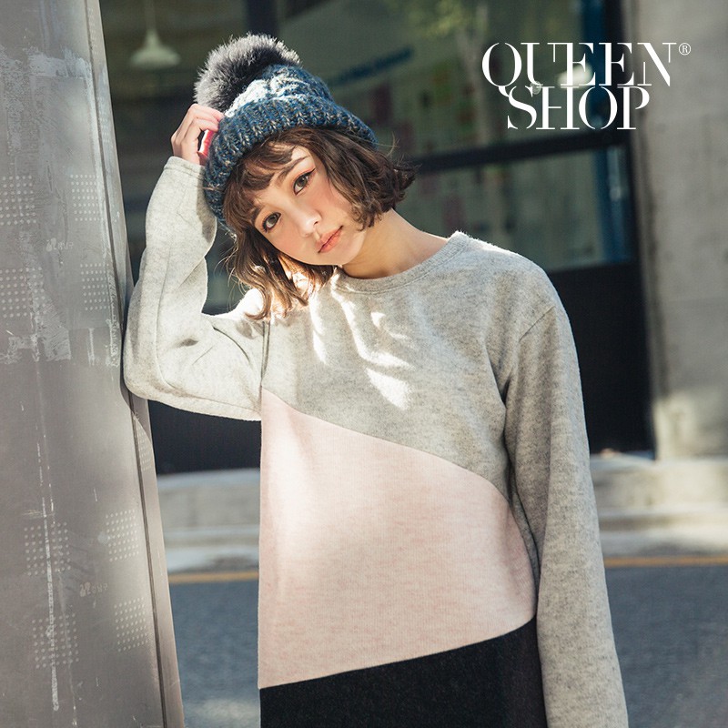 QUEENSHOP【01095681】毛料刷毛拼色長版上衣 兩色售＊預購＊