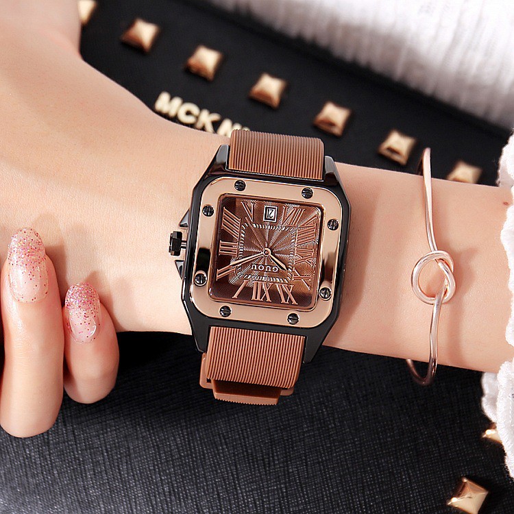 現貨GUOU 古歐8154 復古潮流女表 女士耐用時尚 簡約日曆矽膠錶帶手錶方形時裝  新年禮物