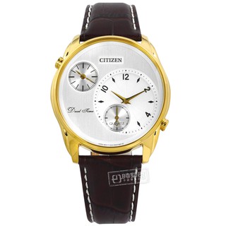 CITIZEN / 簡約商務 雙時間顯示 壓紋小牛皮手錶 白x金框x深紅棕 / AO3032-02A / 44mm