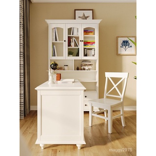 美式全實木轉角書桌書櫃書架組合一體電腦桌傢用田園白色臥室傢具 7I98