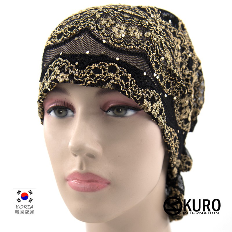 KURO-SHOP韓國進品金色蕾絲繡花免綁頭巾