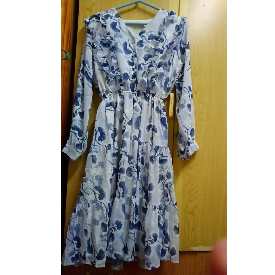 韓國 藍水墨樹短洋裝