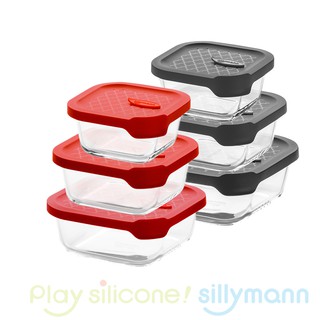 【韓國sillymann】 正方型三件組-100%鉑金矽膠微波烤箱輕量玻璃保鮮盒組