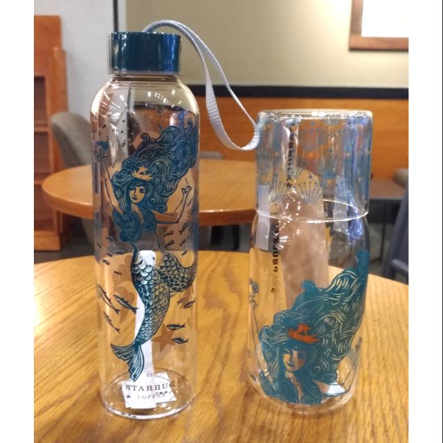 星巴克人魚海洋玻璃水瓶，人魚皇冠玻璃瓶附杯，玻璃瓶