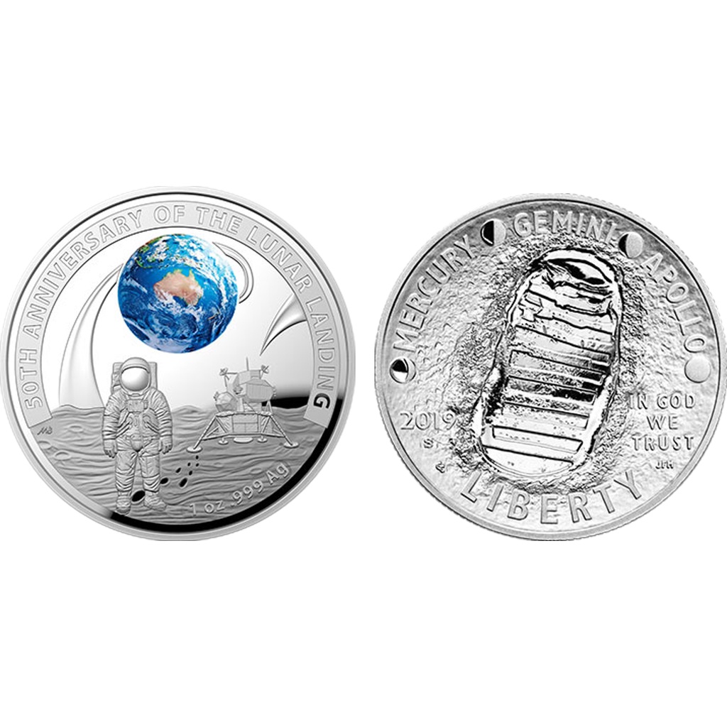 現貨 - 2019澳洲皇家&amp;美國-登陸月球-50週年紀念-(1盎司&amp;11.34克)銀幣-2枚組