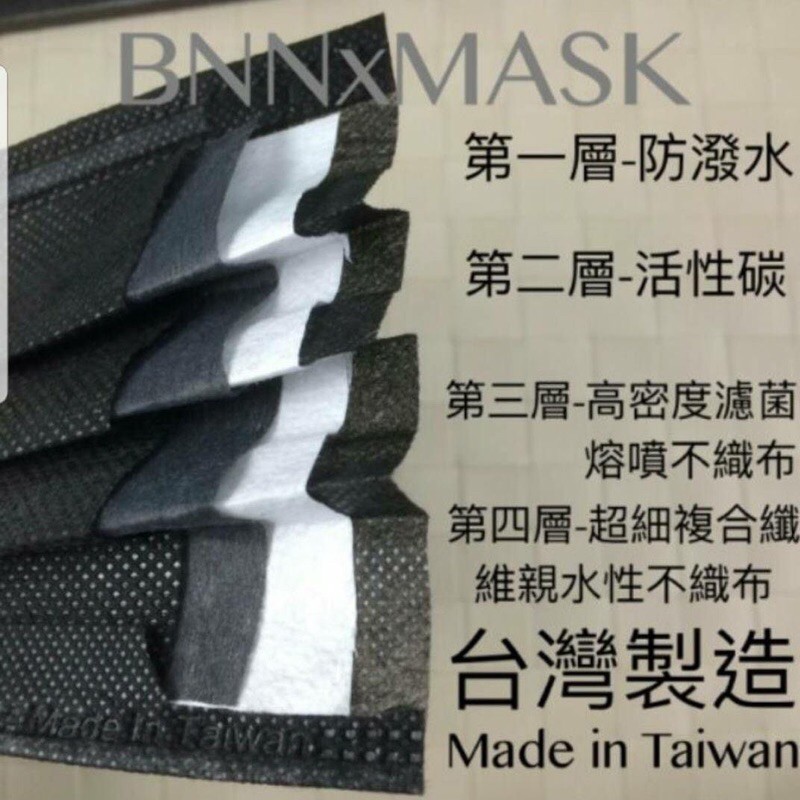 BNN 成人平面四層黑色口罩 搖滾黑 含黑色活性碳濾過層