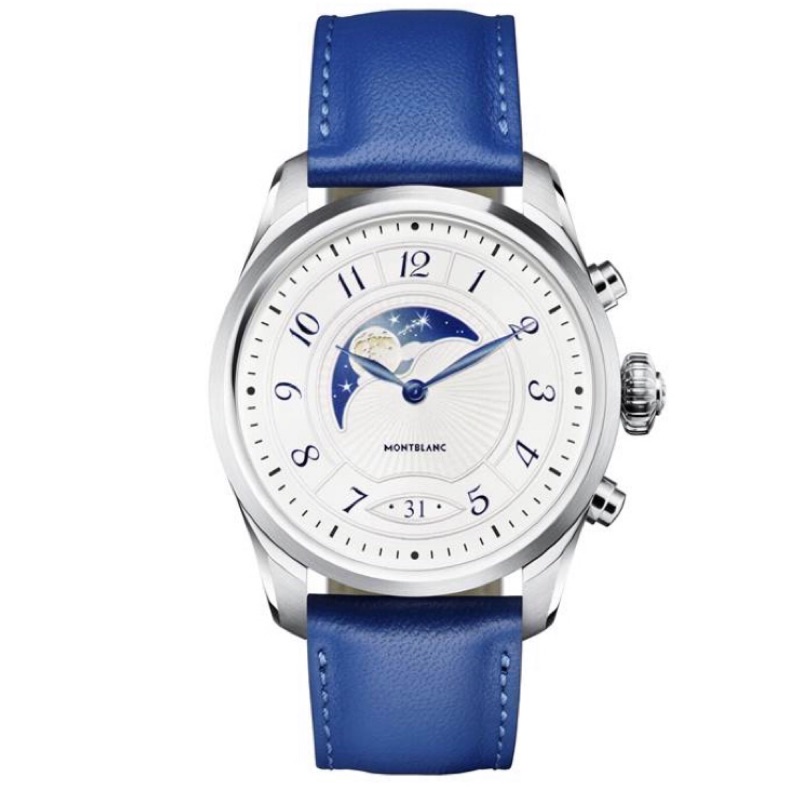 全新MONTBLANC 智能腕錶 （現貨）/不鏽鋼錶殼搭配藍色小牛皮錶帶 只有一支