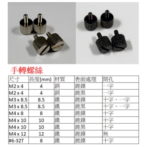 【台製】M2,M3,M4,#6-32T 手轉螺絲,一字手轉螺絲,十字手轉螺絲