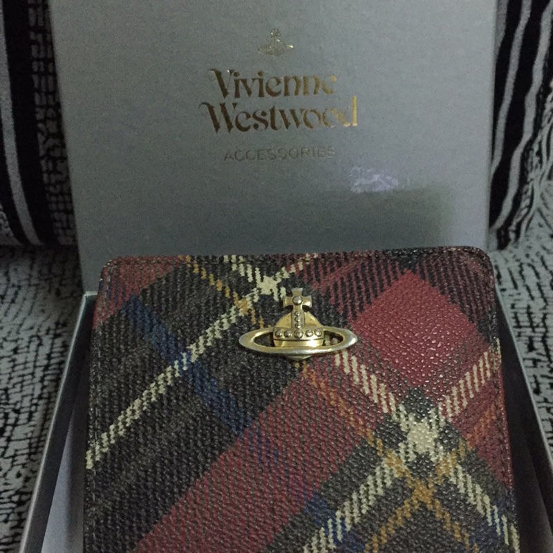 二手 出售  Vivienne Westwood 薇薇安 格紋牛皮 三折短夾 零錢包 皮夾