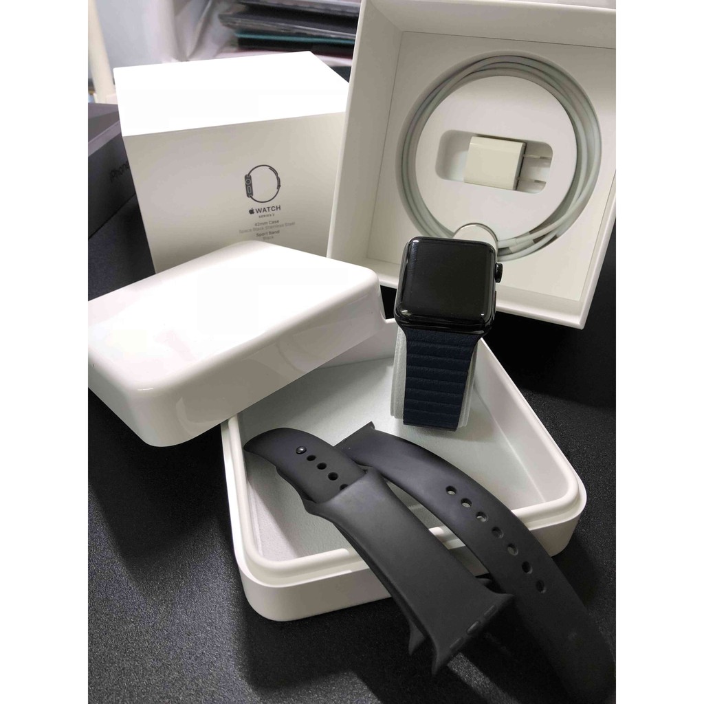 Apple Watch S2 42m 黑色不鏽鋼 運動錶帶+皮革錶環 漂亮無傷 只要 9900 !!!
