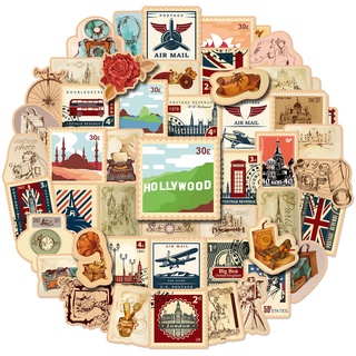 50張英文短句 創意塗鴉 復古英美郵票 獎勵貼紙 行李箱貼紙