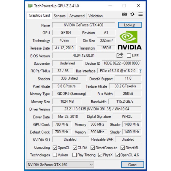 Vga 英偉達 GeForce GTX 460 1GB GDDR5 256 位