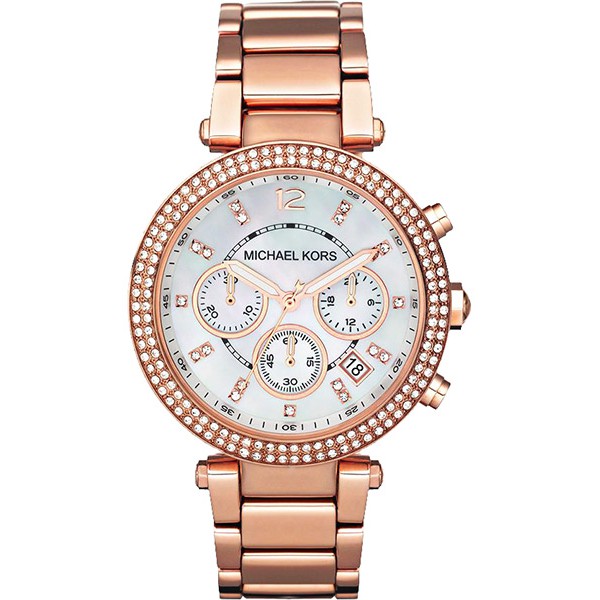 Michael Kors 美式奢華晶鑽三眼計時腕錶-玫瑰金x珍珠貝 MK5491