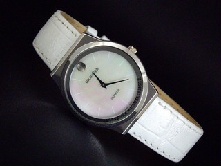168錶帶配件 /購物台名牌dilonger紳士防水石英錶藍色深海珍珠母貝面板不鏽鋼底蓋18mm白色真皮錶帶