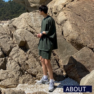 【ABOUT_歐巴】潮流圓領寬鬆純色五分袖運動上衣短褲套裝 韓 短袖上衣 T恤 休閒褲 套裝 男