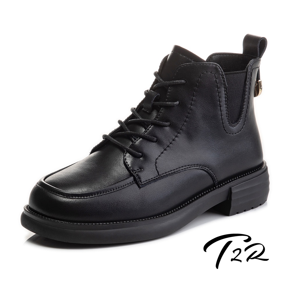 【T2R】正韓空運-真皮綁帶造型厚底短靴-增高3.5公分-黑(5985-2216)