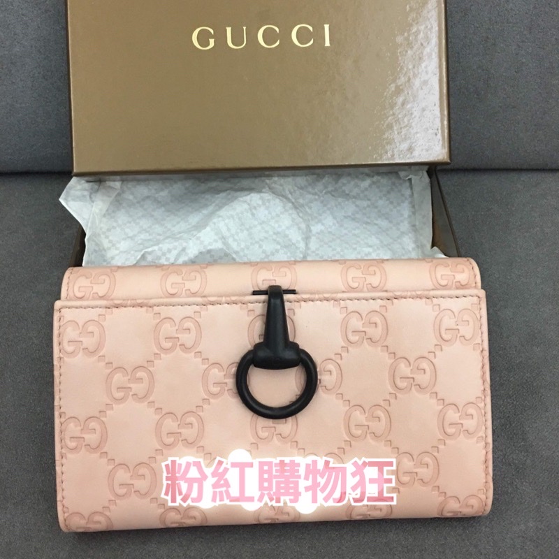 可刷卡面交、保證正品Gucci 粉紅色GUCCISSIMA經典GG壓紋標誌牛皮中夾皮夾