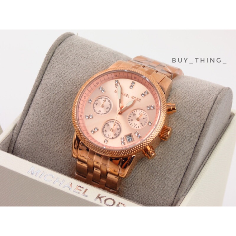 (小百姓美國代購)Michael Kors MK6077 粉色 玫瑰金 水鑽 三眼手錶 腕錶
