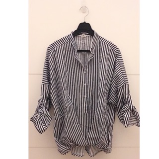 Miko 米可小舖 韓國進口服飾～韓國自帶 現貨全新 女版V領 立領直條紋棉質上衣 質料好、可折袖、下抓皺有型、舒適好穿