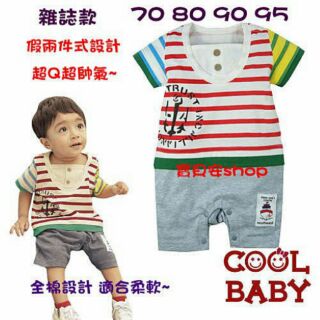 【寶貝安shop】coolbaby雜誌款夏季短袖小紳士紅條紋造型連身衣 80 90