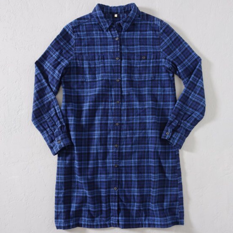 日本【無印良品MUJI】深藍色法蘭絨格紋洋裝式襯衫S