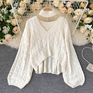 💕日韓毛衣 最新服飾💕現貨-ins韓版毛衣、女寬鬆外穿洋氣泡泡袖、性感V領復古麻花針織上衣潮、短款
