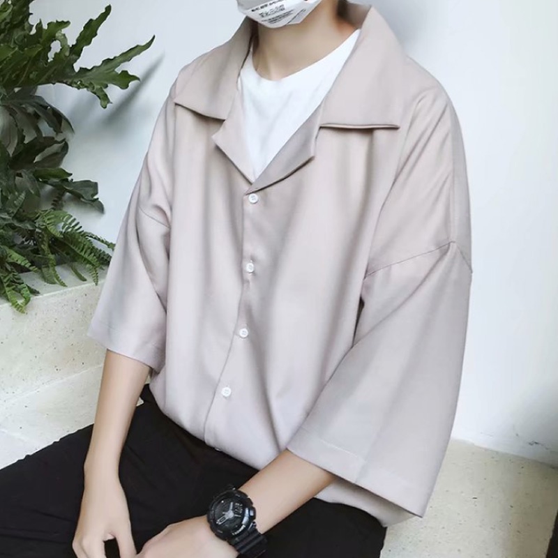 AOYAMA   oversize 開襟 淺灰色短袖襯衫【X50366-1】