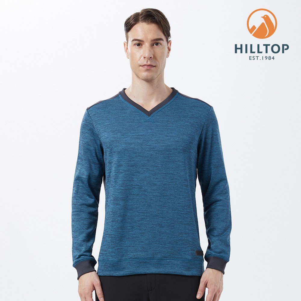【Hilltop山頂鳥】男款吸濕快乾保暖V領刷毛衣H51MI0藍