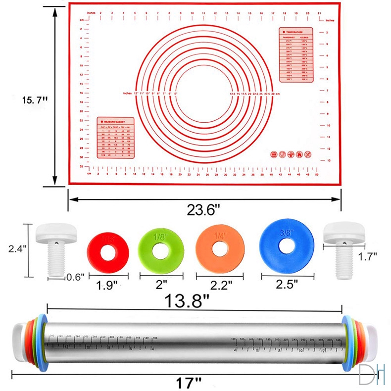 【現貨】廚房 烘焙工具 不鏽鋼擀麵杖揉麵墊套裝 17寸 可調厚度型擀麵棍帶刻度烘焙 Dhome