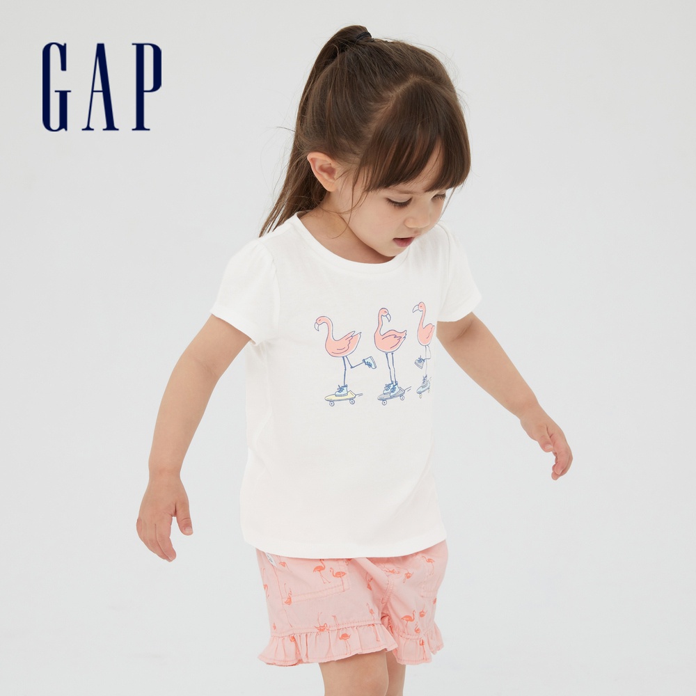 Gap 女幼童裝 純棉印花泡泡短袖T恤 布萊納系列-白色(689289)