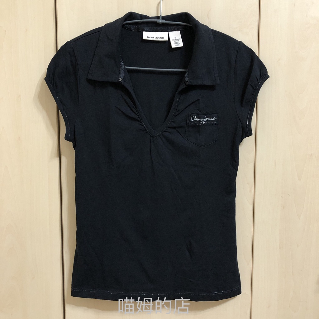 【喵姆的店】二手良品 DKNY JEAMS  純棉 短袖上衣 Ｖ領上衣 Polo衫 黑色 size M 二手衣
