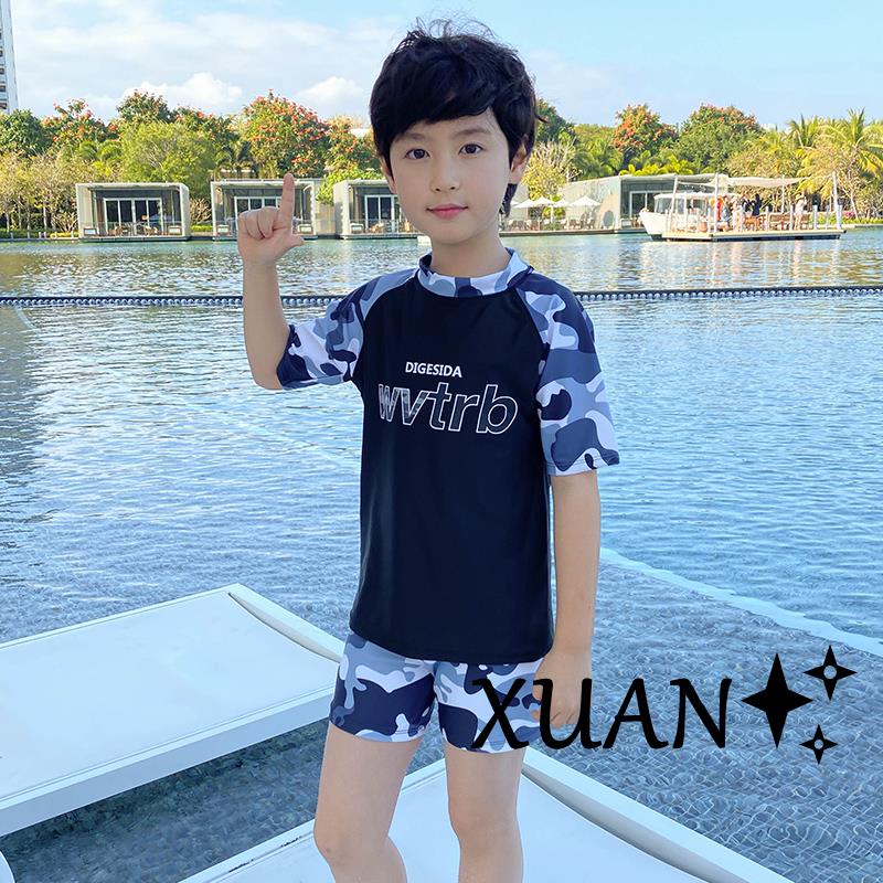 Xuan♥兒童泳衣 寶寶泳裝 男胖童中大童男孩泳褲 青少年學生男童泳衣 迷彩分體游泳衣套裝