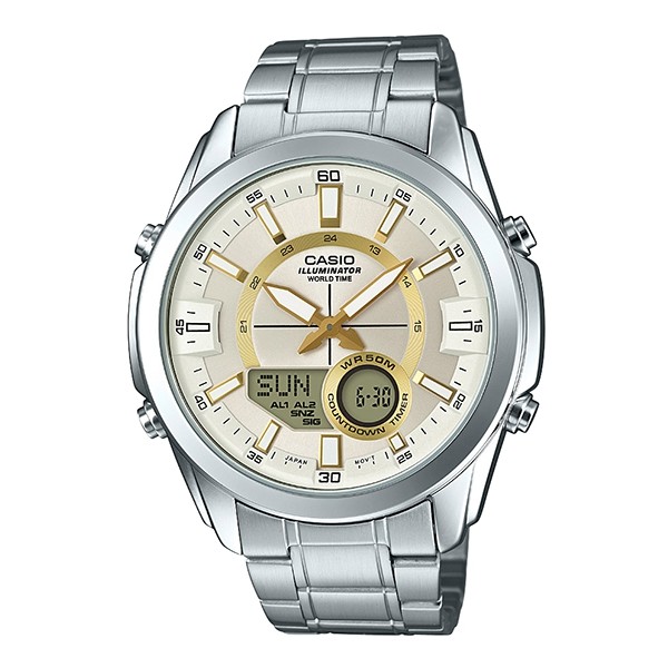【CASIO】CASIO卡西歐 50米防水世界時間不鏽鋼錶帶電子錶 AMW-810D-9A台灣卡西歐保固一年