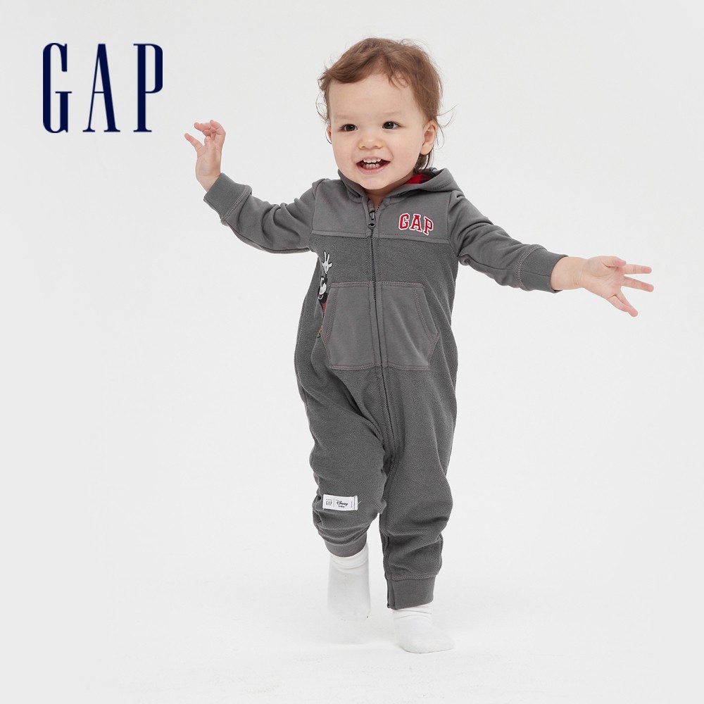 Gap 嬰兒裝 Gap x Disney迪士尼聯名 Logo連帽包屁衣-煙灰色(615654)